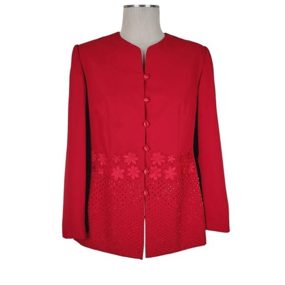 Emily Blazer Size 10 Beaded Embroidered Satin Button Loops Lined Christmas Red - Picture 2 of 14